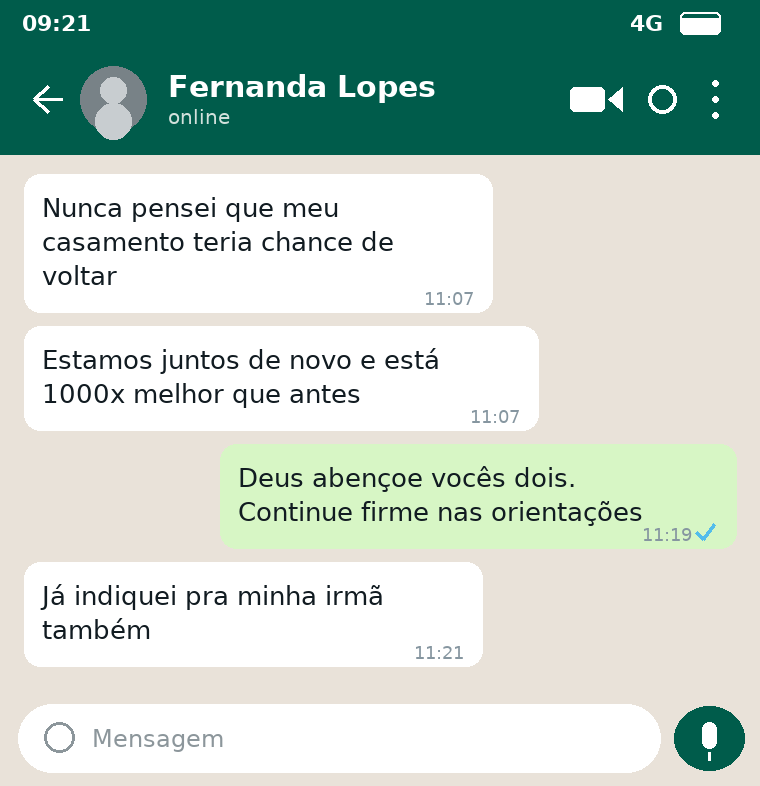 Print de conversa de cliente relatando casamento restaurado