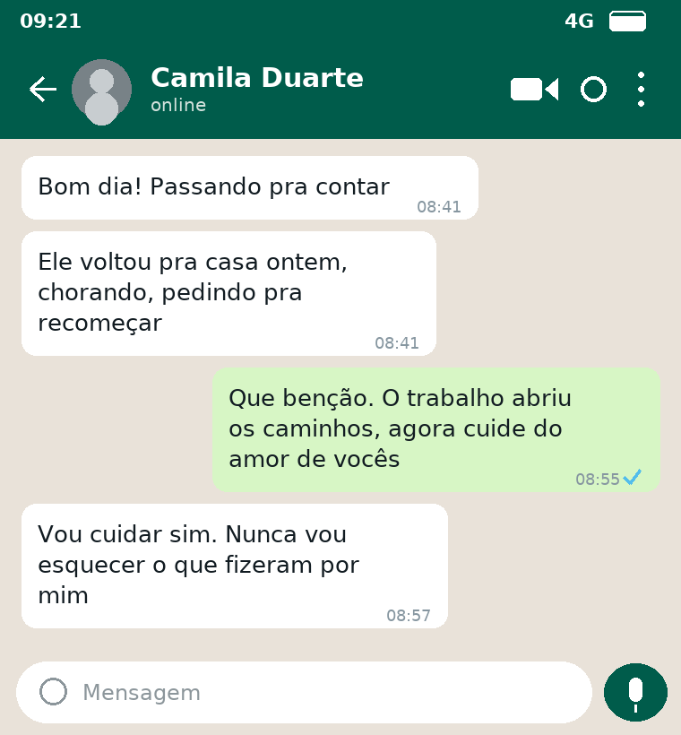 Print de conversa de cliente relatando reconciliação do casal