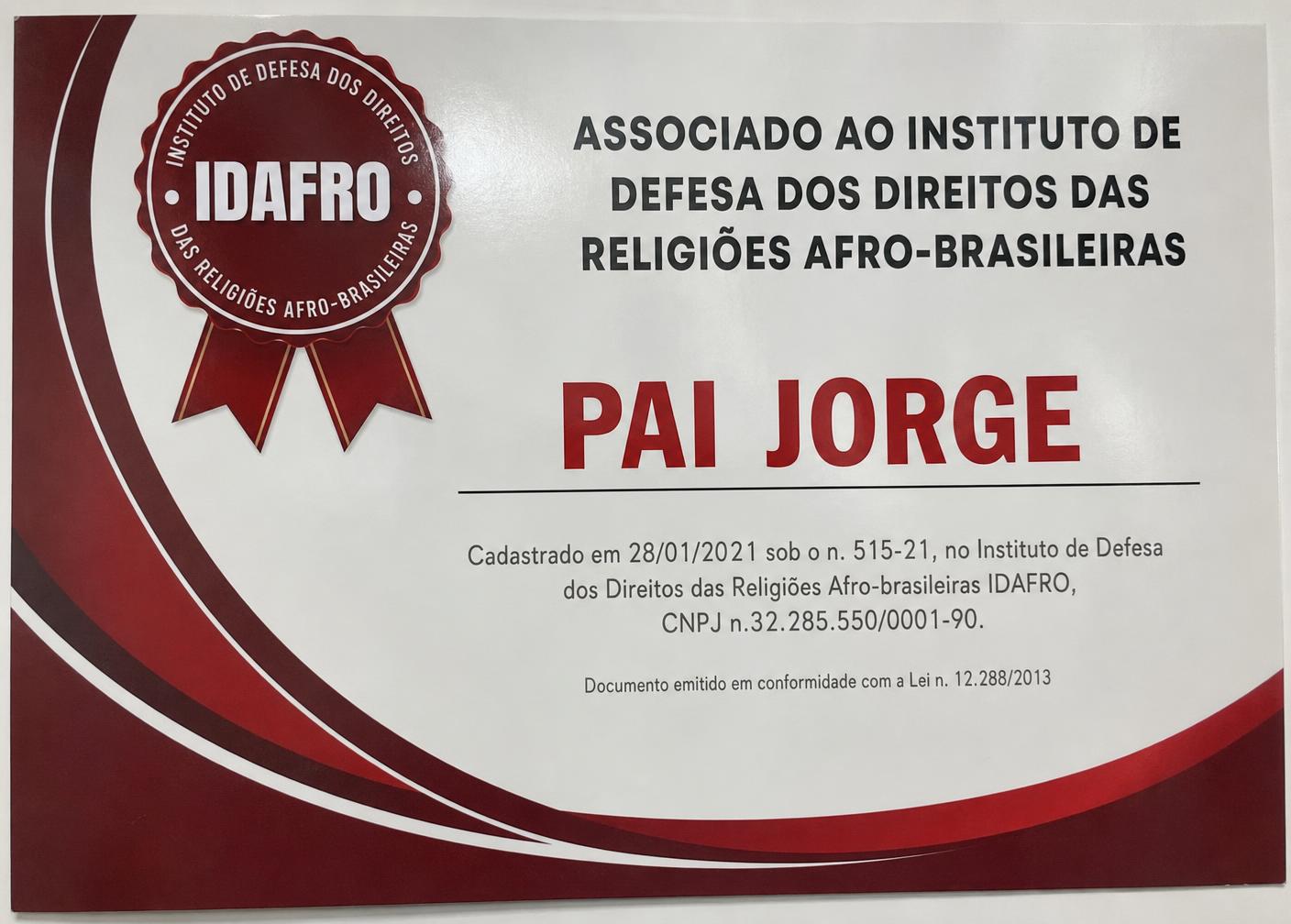 Certificado de associação do Pai Jorge ao IDAFRO